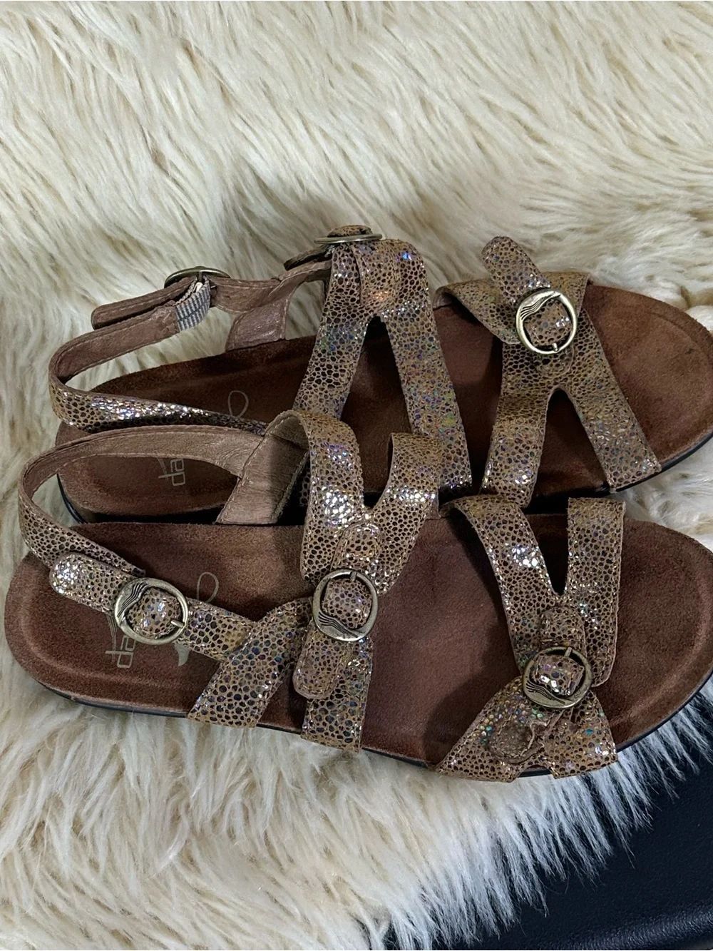 Dansko Women's Gold-Brown Leather Glitter Strappy Sandals